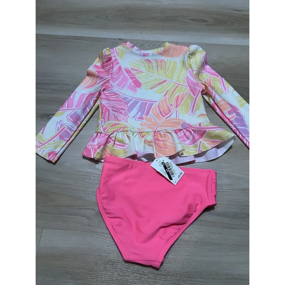 Girls Cat & Jack 2 Piece Swim Suit, Long Sleeve Floral Bright‎ Pink Print 18 M
